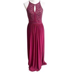 Morgan & Co Size Small Keyhole Sequins Tie Back Halter Maxi Dress Prom Maroon
